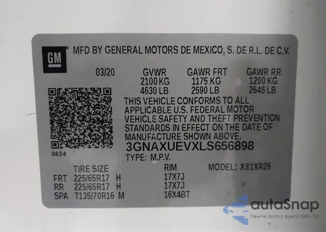 2020 Chevrolet Equinox Awd Lt 1.5L Turbo из США, поврежденный, VIN 3GNAXUEVXLS656898